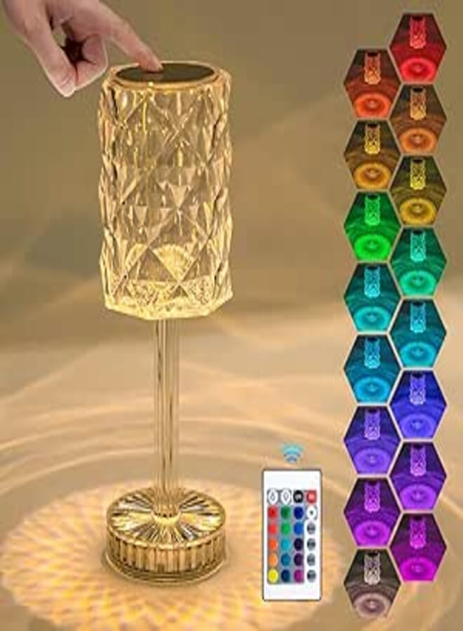 Aigostar LED Crystal Table Lamp, 16 Colors and 4 Modes Rose Diamond Night Lamp with Touch Control and Remote Control, USB-C Rechargeable Dimmable Romantic Night Light for Bedroom